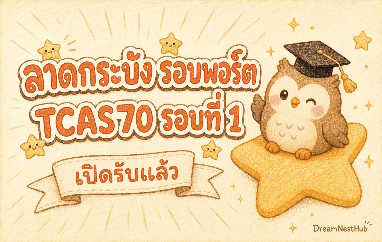 ภาพประกอบสไตล์ภาพวาดสีไม้ พื้นครีม มีนกฮูกสวมหมวกบัณฑิตนั่งบนดาวสีเหลือง ข้างข้อความ ลาดกระบัง รอบพอร์ต TCAS70 รอบที่ 1 เปิดรับแล้ว