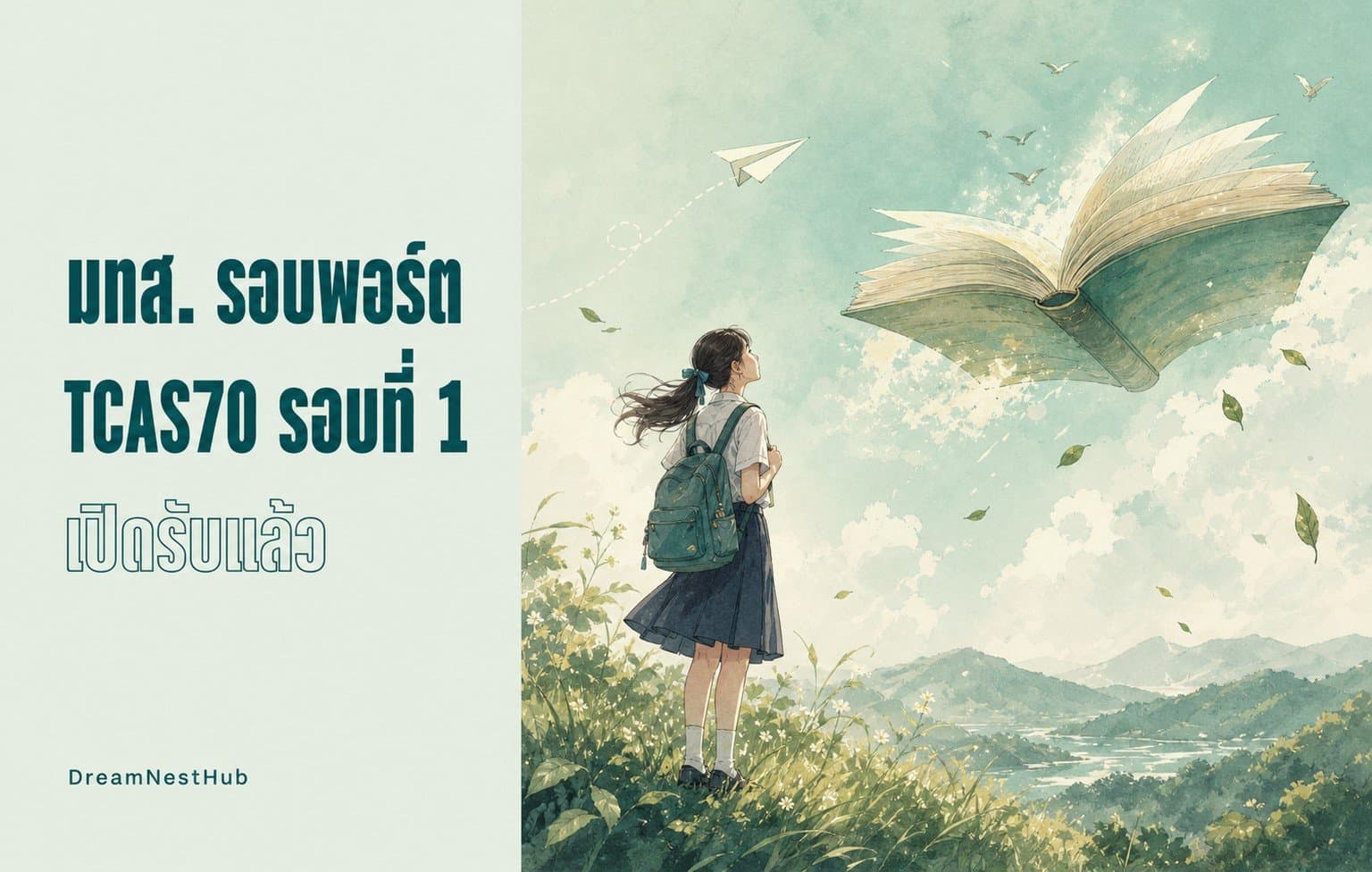 ภาพประกอบวาดสีน้ำ นักเรียนหญิงสะพายเป้ยืนบนเนินหญ้ามองหนังสือเล่มใหญ่ลอยอยู่บนท้องฟ้า พร้อมข้อความ มทส. รอบพอร์ต TCAS70 รอบที่ 1 เปิดรับแล้ว
