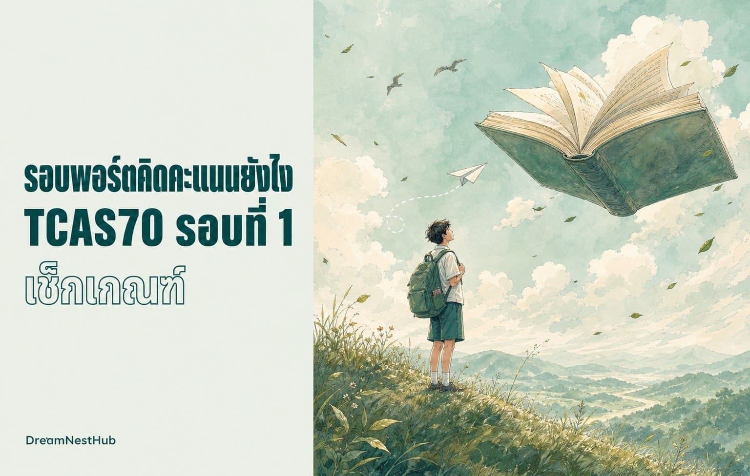 ภาพวาดนักเรียนสะพายกระเป๋ายืนบนเนินหญ้ามองหนังสือเล่มใหญ่ลอยอยู่บนท้องฟ้า พร้อมข้อความ รอบพอร์ตคิดคะแนนยังไง TCAS70 รอบที่ 1