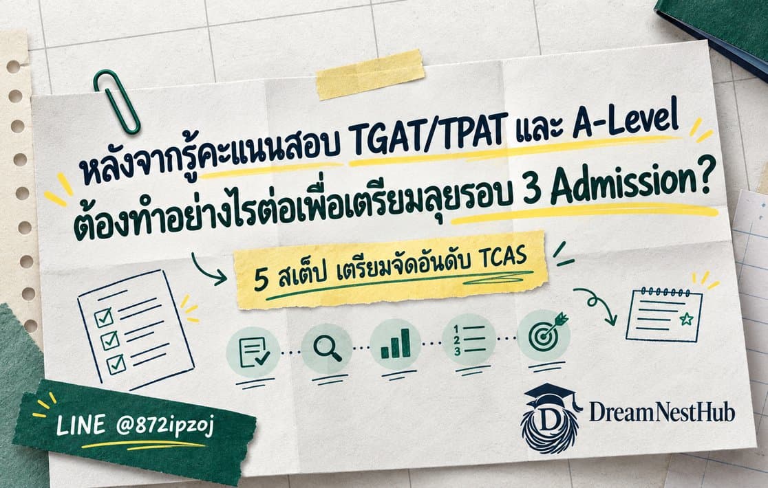 DreamNest illustrative paper cover for preparing TCAS รอบ 3 Admission after receiving TGAT, TPAT and A-Level scores, with a five-step planning checklist and LINE @872ipzoj.